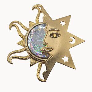 Gold-Toned Unique Sun/Moon Shiny Figural Statement Fashion Jewelry Brooch